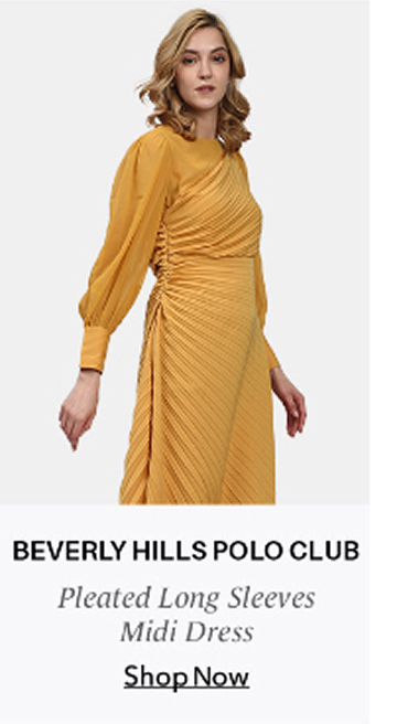 Beverly Hills Polo Club Pleated Long Sleeves Midi Dress